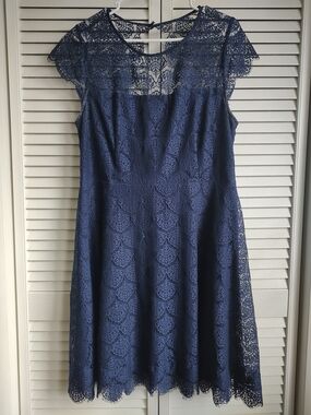 Kensie Navy Lace Midi Dress with Sheer Yoke and Cap Sleeves